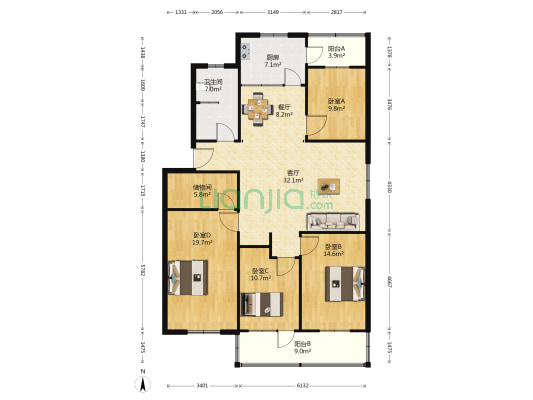 康泉苑小区 4室2厅1卫 153平方