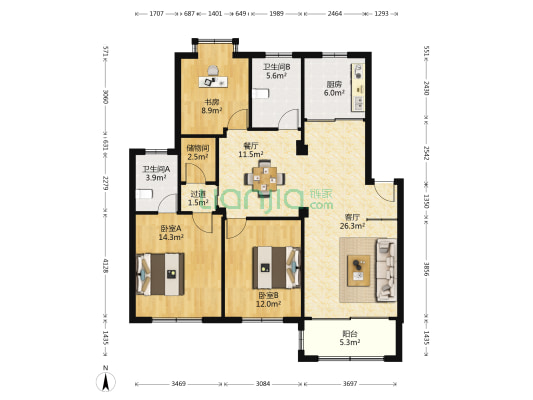 江南逸庭 3室2厅2卫 119平方