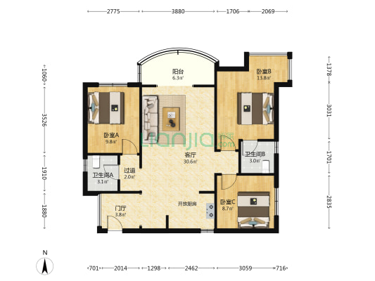 中盟·椰海国际 3室1厅2卫 104平方