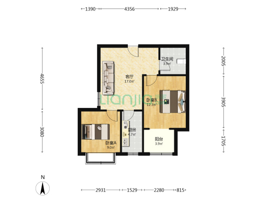 带装修拎包入住，户型方正，房本满五，配套齐全。-户型图