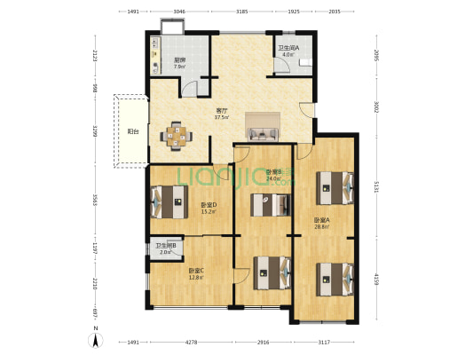新四军宿舍 4室1厅2卫 160平方