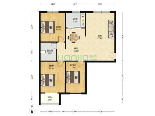 国防馨园小区 3室2厅1卫 131平方