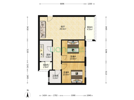棠锦园 2室1厅1卫 76平方