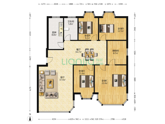 山水龙城北秀苑 4室2厅1卫 151平方