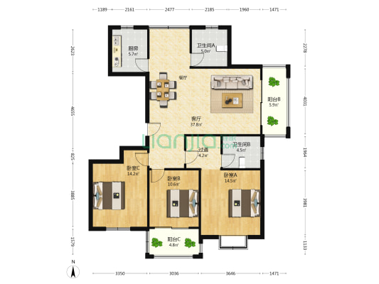 黎明苑四期 3室1厅2卫 143平方