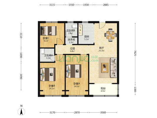 领秀城樾系健康宅柏樾 3室1厅3卫 116平方