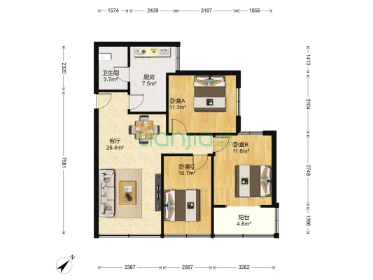 河嘉村 3室1厅1卫 89平方