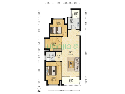 卓越蔚蓝城 3室1厅1卫 82平方