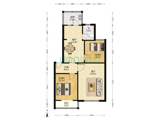 张大里新村 2室2厅1卫 88平方