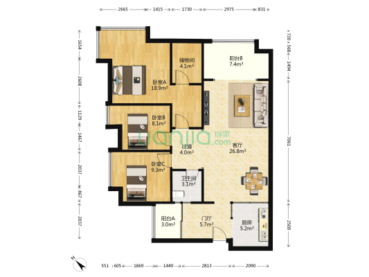 复地新城就 3室1厅1卫 106平方