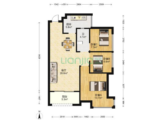 首开紫郡 3室1厅1卫 88平方