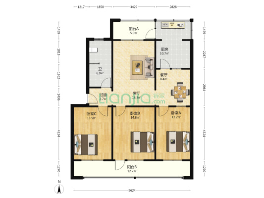 房产开发公司家属楼 3室2厅1卫 126平方