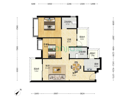 大参林·鸿图府 2室2厅2卫 98平方