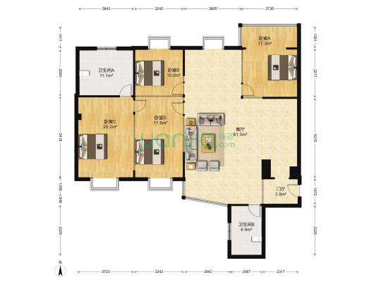 融元广场 4室1厅2卫 190平方