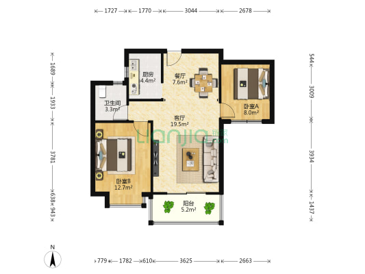 莱蒙都会南区 2室2厅1卫 85平方