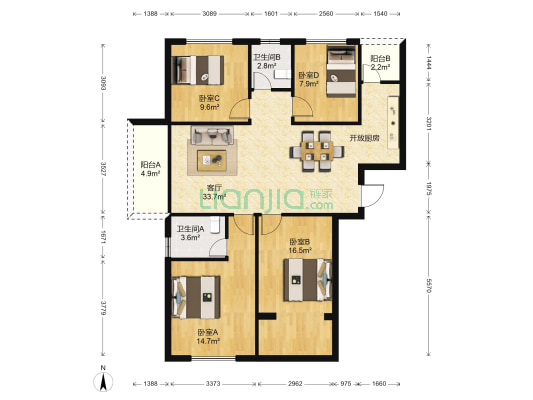 博仕后家园B区 4室1厅2卫 124平方