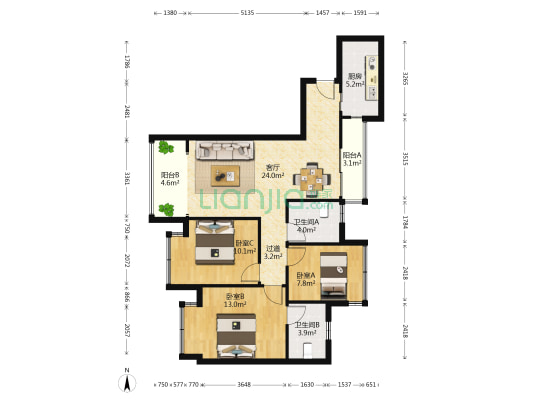 蓝光金悦城 3室1厅2卫 95平方