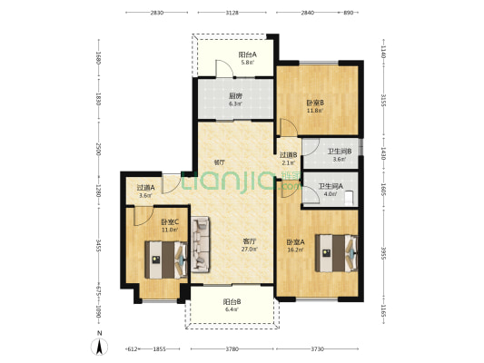 碧桂园天誉 3室1厅2卫 116平方