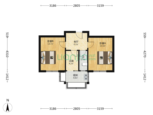 省招待处宿舍 2室1厅1卫 54平方