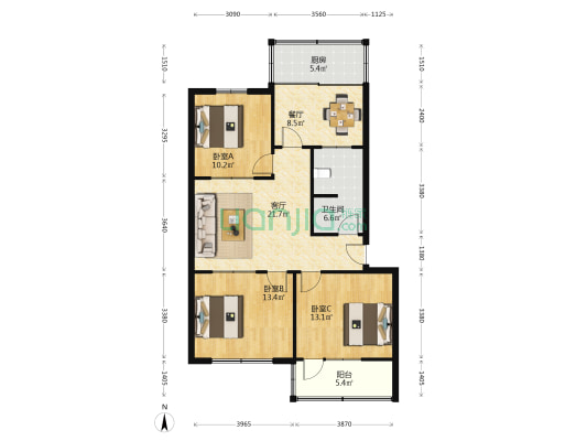 老一中宿舍 3室2厅1卫 103平方
