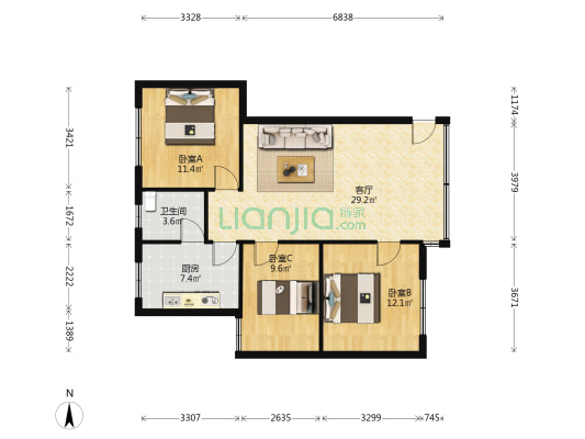 鸿财大厦 3室1厅1卫 79平方