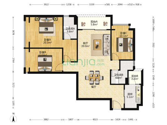 海伦国际依云郡 3室1厅2卫 126平方