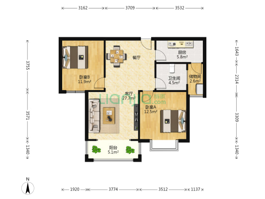 紫金华城 2室1厅1卫 92平方