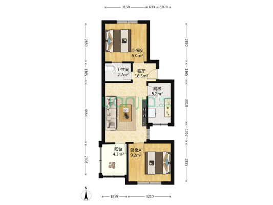 辛东社区 2室1厅1卫 58平方