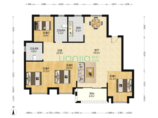 融创雍荣园 4室1厅2卫 136平方