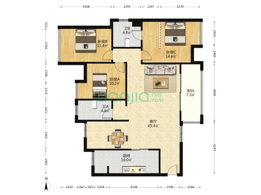 书香华府 3室1厅2卫 129平方