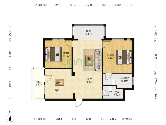 干警宿舍 2室1厅2卫 97平方
