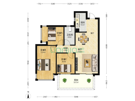 阳光城·江南檀悦 3室1厅1卫 85平方