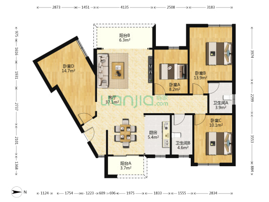 金龙•五品花园 4室2厅2卫 106平方