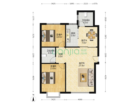 昕泰苑 2室2厅2卫 105平方