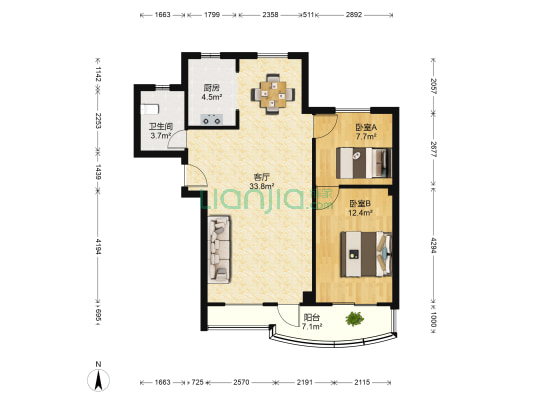 航天花园四期 2室1厅1卫 89平方