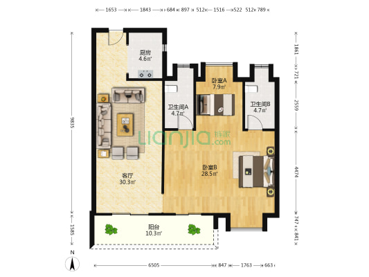 华侨城欢乐天际 2室1厅2卫 119平方