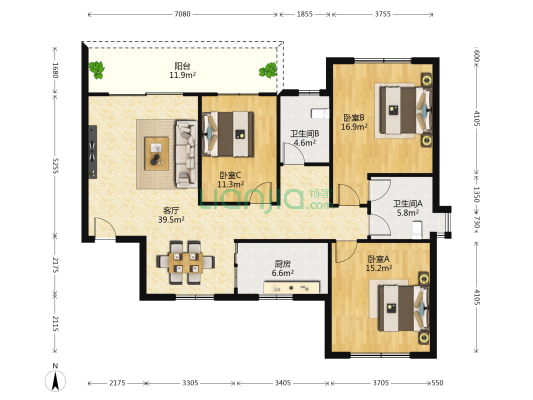 凤岭佳园 3室1厅2卫 125平方