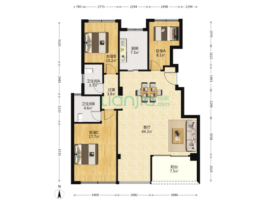 桃李湖滨 3室1厅2卫 122平方