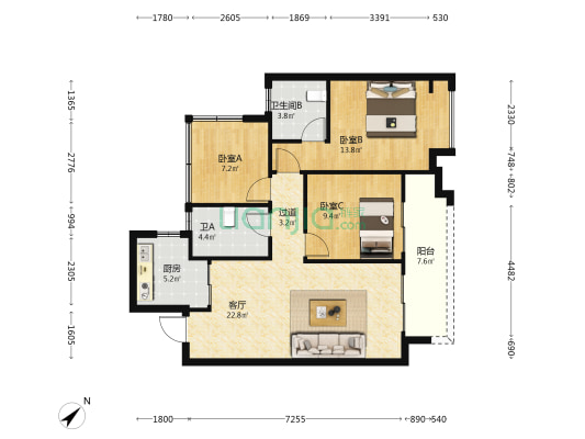 旭辉华宇东江公元 3室1厅2卫 97平方