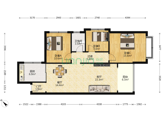 特变·水木融城 3室2厅1卫 107平方