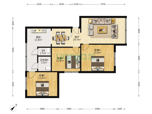 南昌路三段10号 3室1厅2卫 101平方