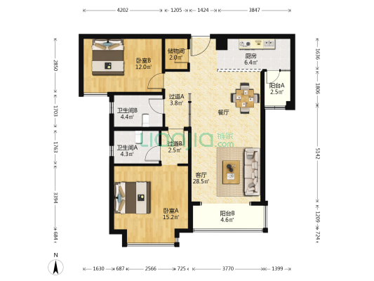 百和国际花园 2室1厅2卫 118平方