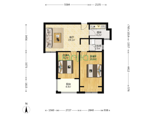 东润玺城一期 2室1厅1卫 69平方