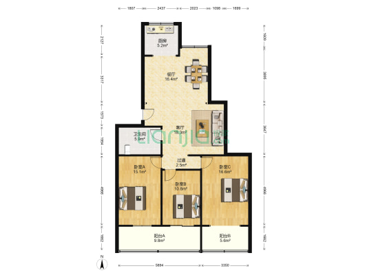 伊河园 3室2厅1卫 138平方