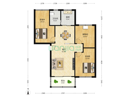 鄱阳湖小区 2室1厅1卫 108平方