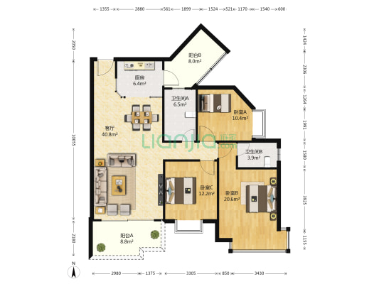 龙世家 3室1厅2卫 142平方