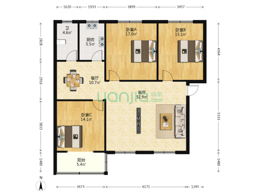 南游乐园 3室2厅1卫 126平方