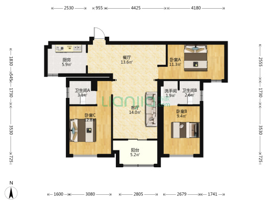 建业城一期(项城) 3室2厅3卫 117平方