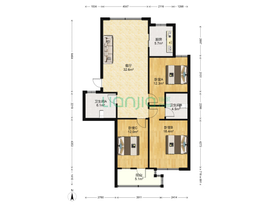 万兴公寓 3室1厅2卫 112平方