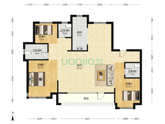 保利·明玥春江 3室1厅3卫 140平方